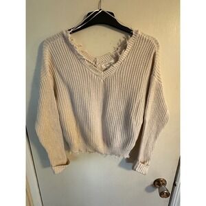 Jessica Simpson Cream Distressed V-Neck Shaker Knit Cotton Sweater Woman's Small
